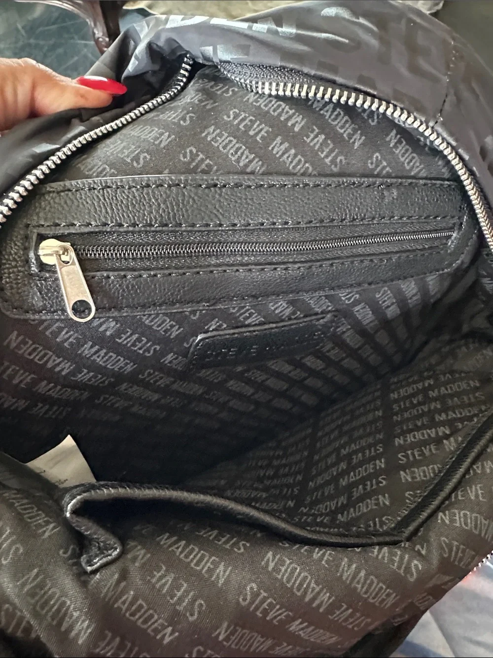 Steve Madden Black Logo Print Backpack with Silver Hardware
